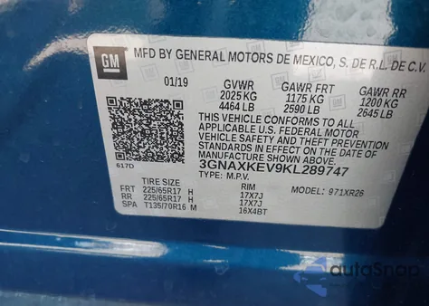 2019 Chevrolet Equinox Lt from USA, damaged, VIN 3GNAXKEV9KL289747